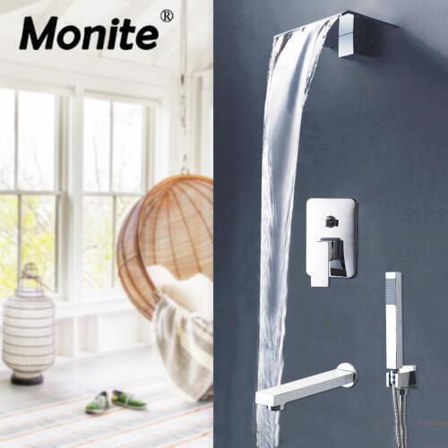 Monite Chrome Polish Soild Brass Waterfall Bathroom Shower Mixer Taps Bathtub Bath Water shower Faucet Mixer Taps