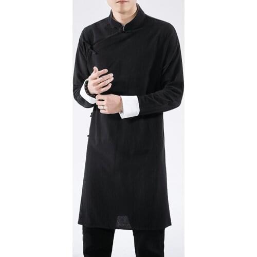 Streetwear Thin Tang Suit Coat Men 2021 Mens Linen Jacket Black Long Coat Male Hanfu Chinese Style Robe Harujuku Wind Breaker