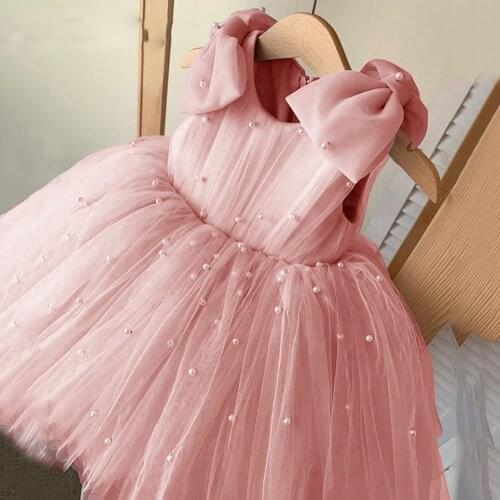 Gorgeous Blush Pink Blue Long Pearls Shiny Ball Gown Toddler Girls Birthday Party Dress Flower Girl Dresses Gowns