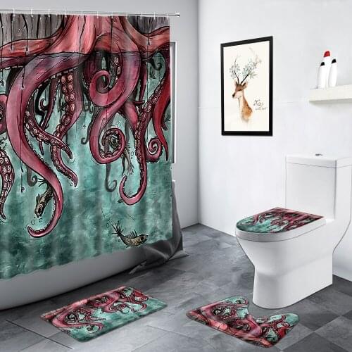 Funny Cartoon Animals Red Octopus Shower Curtain Personality Creative Pattern Bathroom Decor Flannel Carpet Bath Mat Toilet Sets