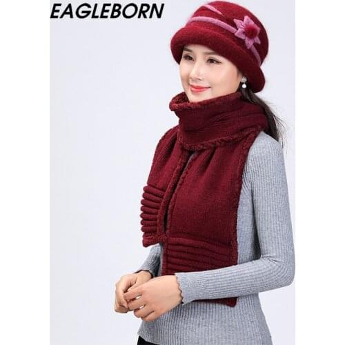 Women Hat Scarf Suit Winter Warm Knitted Hat Plus Cashmere Mom Hat Middle-aged Elderly Thick Hat Fluff Flower Winter Woman Suit
