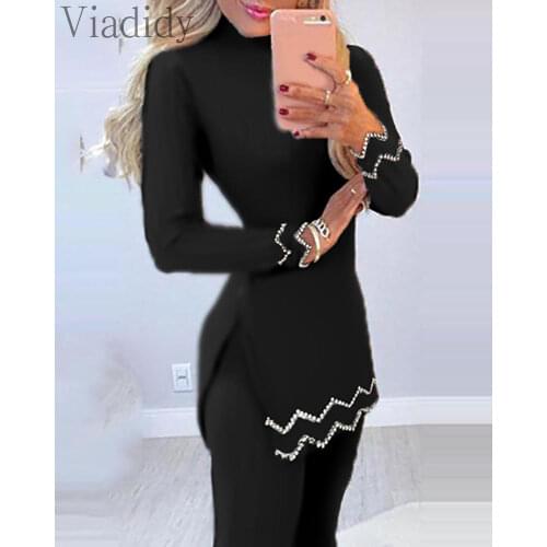 Women 2pcs Beads Deisgn Sets Long Sleeve Ribbed Slit Beading Long Sweater and High Waist Knitted Pencil Pants Set