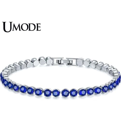 UMODE 2019 New Fashion Royal Blue CZ Round Zircon Crystal Bracelets for Women White Gold Box Chain Bracelets Jewelry AUB0175D
