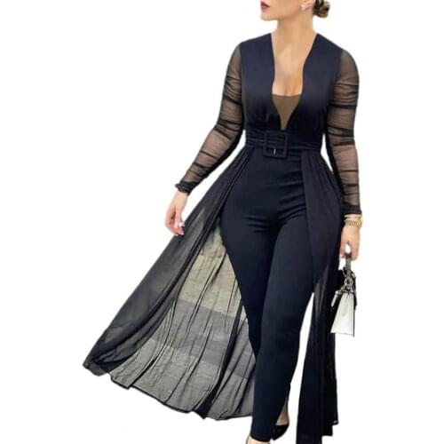 Women Fashion Elegant Long Sleeve Mesh Skinny Jumpsuits Formal Party Romper Sheer Mesh Party Jumpsuit Dropshipping