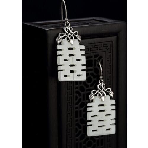 Women Wedding Earrings 2018 New Elegance Natural Jade 100% 925 Sterling Silver Drop Earrings For Women Double Happiness Letter