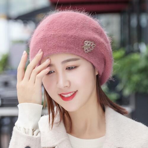 Lady Warm Knitted Hats Girls Knitting Rabbit Hair Cap Color Painter Leaves Beret Rabbit Fur Hats Adjust Warm Caps A86