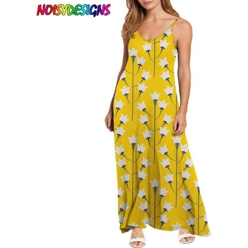 NOISYDESIGNS Bluebell Yellow Flower Prints Summer Women Spaghetti Strap Long Dress Elegant Sleeveless Beach Sexy Vestito 2021