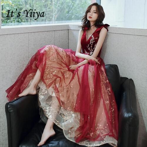 Evening Dresses Its Yiiya R206 Shining Apliques V-neck Elegant Burgundy Evening Gowns 2020 Long Bow Lace Up Robe De Soiree