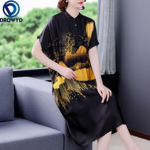 2021 Women Vintage Black Print Mulberry Silk Midi Dress Summer Chiffon Short Sleeve Loose Dresses Elegant Bodycon Party Vestidos