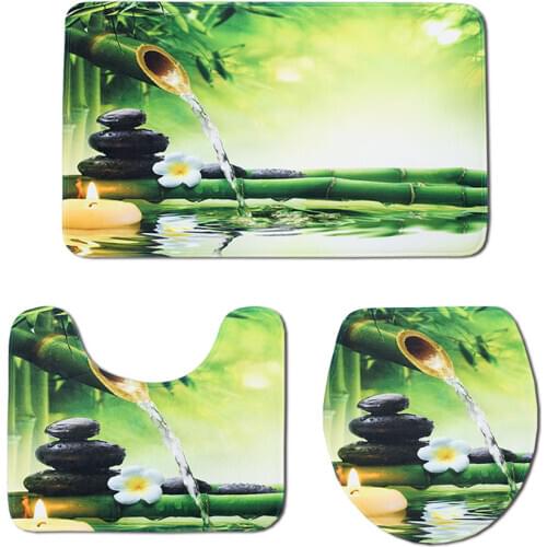 3 Pieces Of Bathroom Carpets And Mats 3D Green Bamboo Spa Non-Slip Bath Mat Cover Coral Velvet Shower Toilet Carpet Bathroom Bat