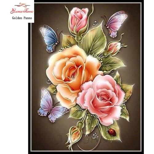 Gloden Panno,5D,Full,DIY Diamond Embroidery,square,Diamond Painting,Cross Stitch,3D,Diamond,Mosaic,Needlework,Butterfly Rose