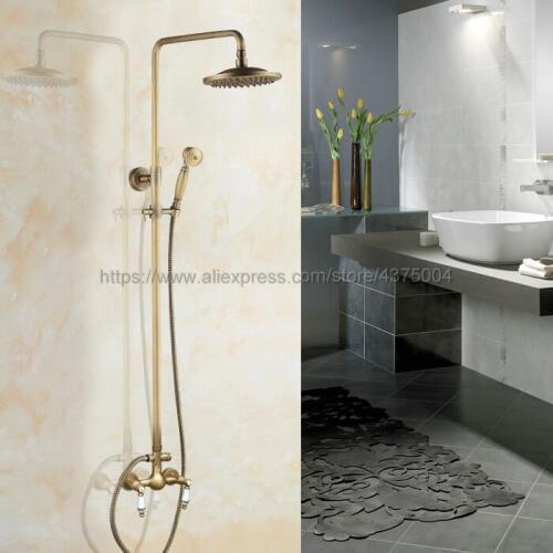 Antique Brass Bathroom Rainfall Shower Faucet Set Mixer Tap With Hand Sprayer Wall Mounted Nan103