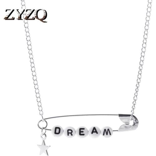 ZYZQ Punk DREAM Letter Cube Pins Pendant Necklace For Women Girl Hip Hop Metal Geometric Choker Necklace Trendy Cocktail Jewelry