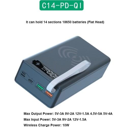 C14 18650 Battery Case Powerbank Charger Box Dual USB LCD Display Support PD Wireless Charge Battery Power Bank Shell Storage