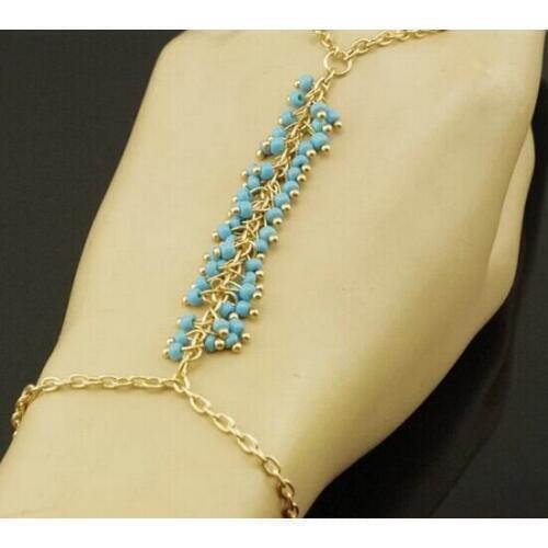 Women Hand Made Blue Beads Hand Chain Slave Bracelet Hand Harness Chain Jewelry For Women