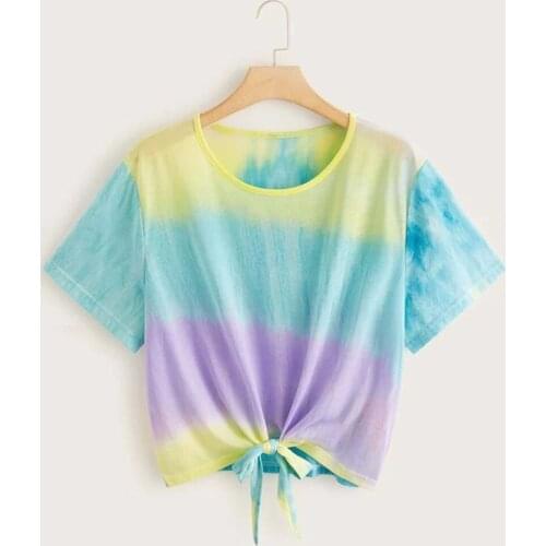 Summer T-Shirts Women Tie-dye O-neck Cut Out Crop Summer Short Sleeve Tie Knot Short Tee shirt Multicolor Gradient Femme tie dye