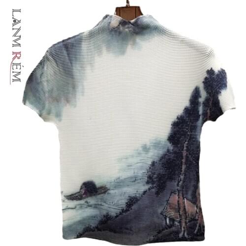 LANMREM 2021 Autumn New Arrival Vintage Slim Pleated Turtleneck Short Sleeve Casual Chinese Style White T-shirt For Women 2A2346