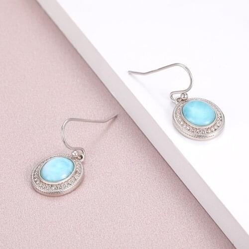 Natural Precious Larimar Earrings for Women Fashion Geometric Round Charm 925 Sterling Silver Jewelry Long Eardrop Gift Classic