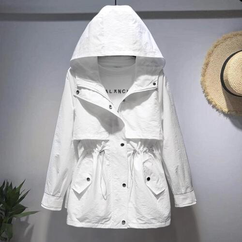 2020 new Spring Autumn Trench Coat Korean Womens Hooded loose waist white Tooling Windbreaker Female Tops B280