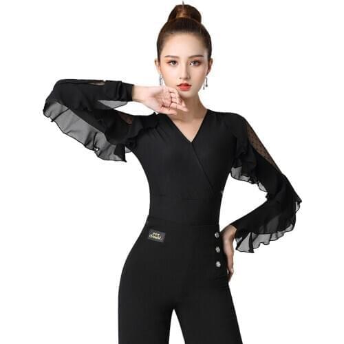New Latin Dance Practice Clothes Female V-Neck Long-Sleeved Shirt Sexy Bodysuit Samba Ballroom Latin Dance Costume Wear DQS5578