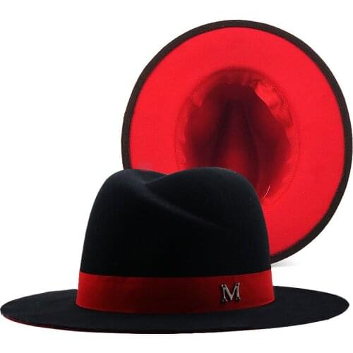 New Outer Black Inner Red Wool Felt Jazz Fedora Hats With Thin Belt Buckle Men Women Wide Brim Panama Trilby
