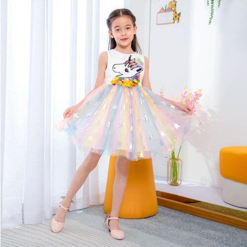 Baby Girls Dress Pastel Rainbow Princess for Summer Birthday Party Dress Unicorn Cosplay Perform Children Costume Summer Dress