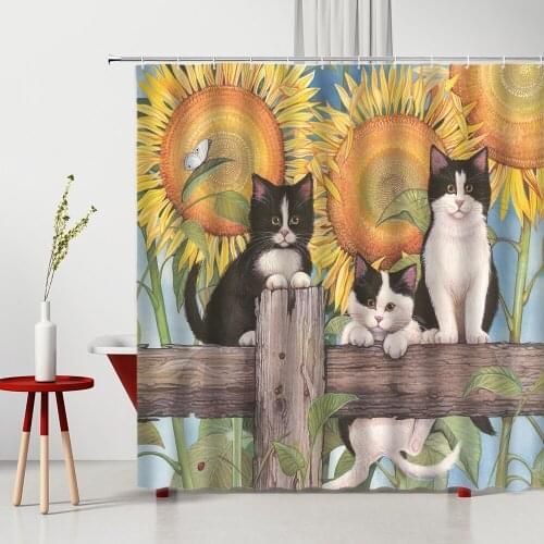Cute Animal Flower Shower Curtain Pet Cat Sunflower Plant Pattern Polyester Home Bathroom Decor Washable Bath Cloth Curtains Set