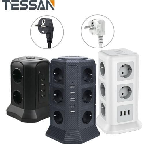 TESSAN EU Power Strip Tower with 12 Outlets 5 USB and 2m Extension Cord Extension Power Socket For charger EU plug