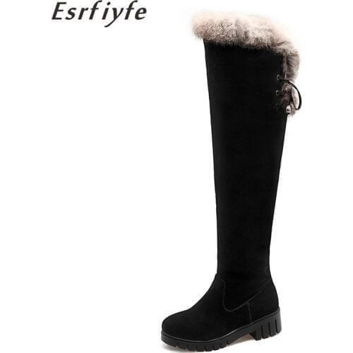 ESRFIYFE 2020 New Winter Flock Women Thigh High Boots Thick Heels Round Toe Platform Warm Plush Snow Boots Skidproof Shoe Sole