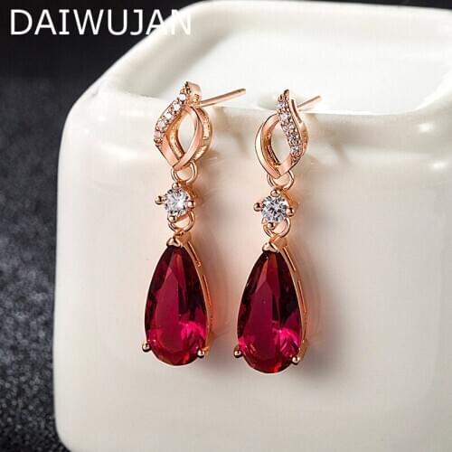 DAIWUJAN 925 Silver Water Drop Shaped Red Crystal Earrings Rose Gold Ruby Dangele Earrings for Women Wedding Party Jewelry