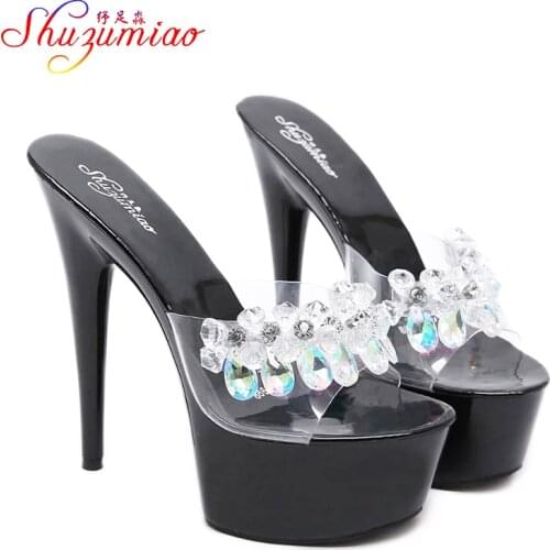 2019 Women Slipper Glass Crystal Fine Heel 15cm Slipper Female Summer Waterproof 15cm Prevent Thick Bottom Sexy Cool Shoes
