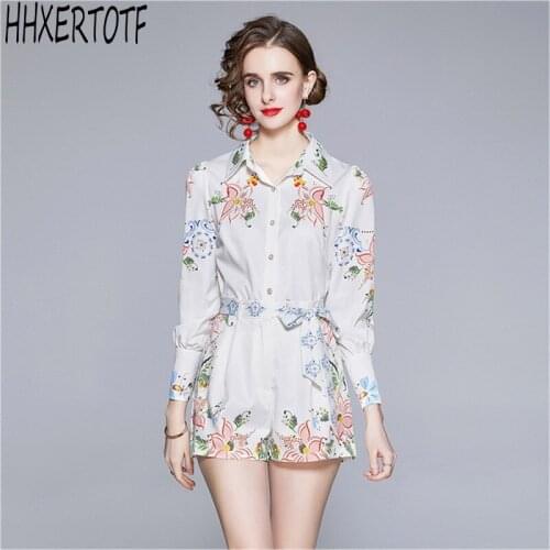 2021 spring summer Fashion Runway long Sleeve print Shirts Shorts Suits Women Floral Print Tops Shorts Two Pieces Sets
