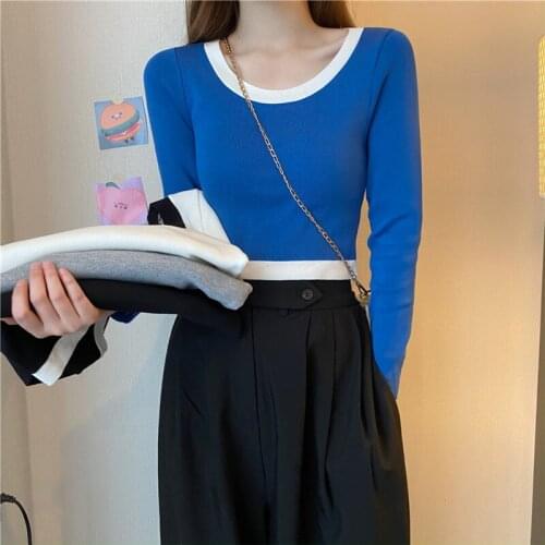 Womens Knitted Pullover O Neck Contrast Color Long Sleeves Thin Short Tops Wholesale Autumn 2021 New Fashion Female Clothing