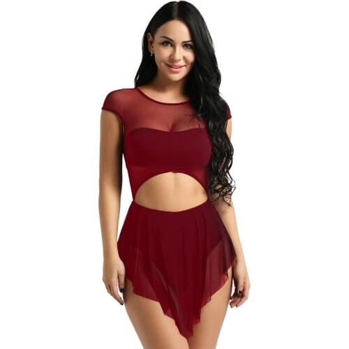 Women Dance Dress Sleeveless Cut Out Front Asymmetric Mesh Leotard Gymnastics Bodysuit Ballet Dancewear Female Dancing Costume