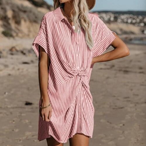Women Chic Fashion With Knot Striped Pleated Mini Dress Vintage Short Sleeve Irregular Tie-Up Belt Half Sleeve Travel Dresses