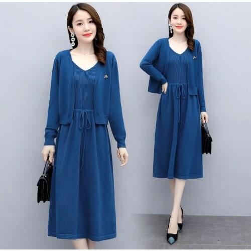 2021 Spring and Autumn Woman Knitted Dress Female New Temperament Thin Two-piece Suit Ladies Fashion Sweater Dress Outfit Q121