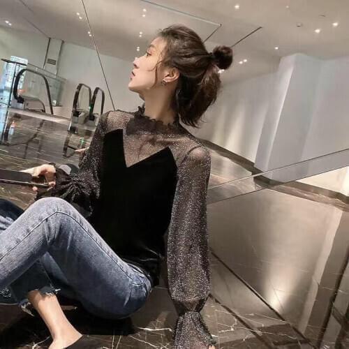 Womens spring and autumn 2020 dress with mesh lace and velvet backing top