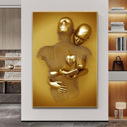 Golden Metal Figure Statue Canvas Painting Lover Sculpture Poster and Prints Wall Art Picture for Living Room Home Decor Cuadros