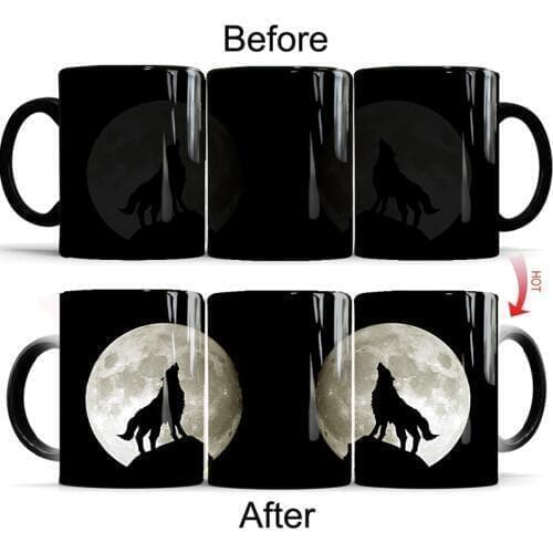 1Pcs New 350ml Moon Wolf Temperature Color Changing Mug Magic Heat Sensitive Coffee Tea Milk Cup Novelty Gifts for Children