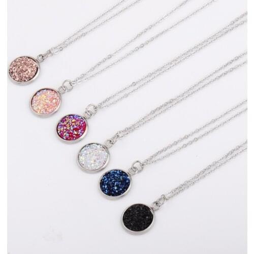 12mm Druzy Drusy pendant Necklaces Jewelry Resin Cabochon Stainless steel Pendant Chain for Women Girl Jewelry Gift