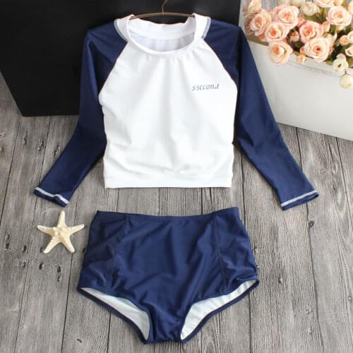 2021 High Waist Long Sleeve Biquini Two Piece Bikini Tankinis Set Swimwear Cute Girls Bathing Suit Swimsuit Swimming Beach Wear