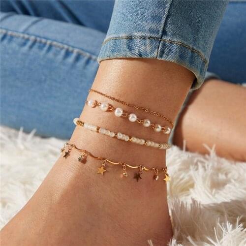 HI MAN 3 Pcs/Set Mixed Fashion Zircon Handmade Beaded Pearl Star Anklet Set Women Hip Hop Rock Party Gift Jewelry