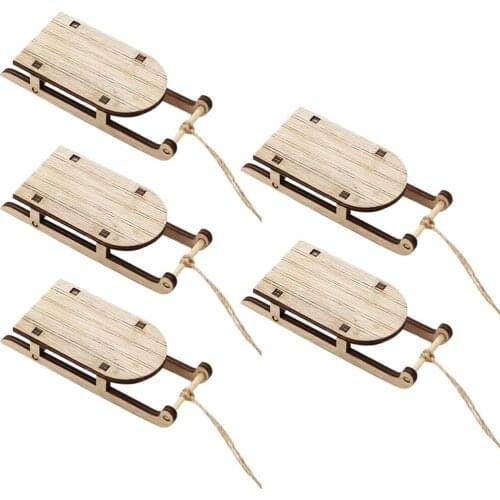 5PCS Miniature Wooden Sleighs Pendants Model DIY Christmas Tree Ornaments Home Hanging Decor Doll House Accessory