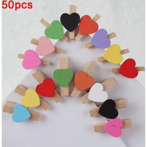 50Pcs Mini Colorful Wooden Clip 3/5cm Heart Shape Paperclips DIY Postcard Photo Paper Peg Pin Postcard Clips Office Supplies