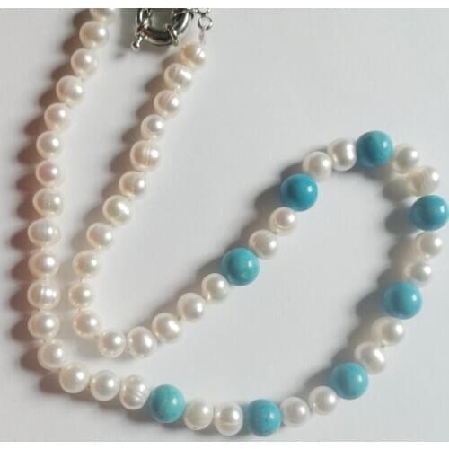 8x9mm white pearl blue stone mixed necklace natural Freshwater PEARL Women Jewelry 35cm 43cm 14'' 17