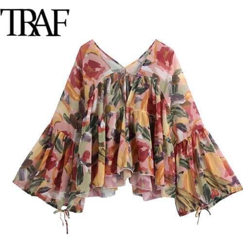 TRAF Women Fashion Semi-Sheer Graffiti Print Loose Chiffon Blouses Vintage V Neck Flare Sleeve Female Shirts Blusas Chic Tops