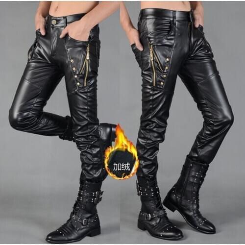 Man plus velvet locomotive foot rivet thread splicing leather pants teenagers cultivate ones morality fashion PU leather pants