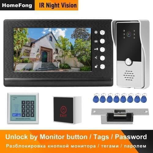 HomeFong Home Access Control System with Lock 7 Inch Wired Video Intercom Electric Strikes Support Swiping Card Password Unlock