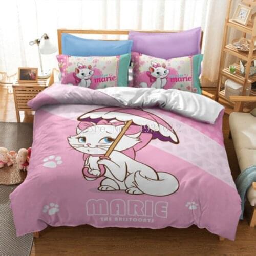 Cartoon Marie cat Bedding Set 100% Polyester Lovely Couple Queen King Size Bedding Set Children Girls Duvet Cover Pillow Cases