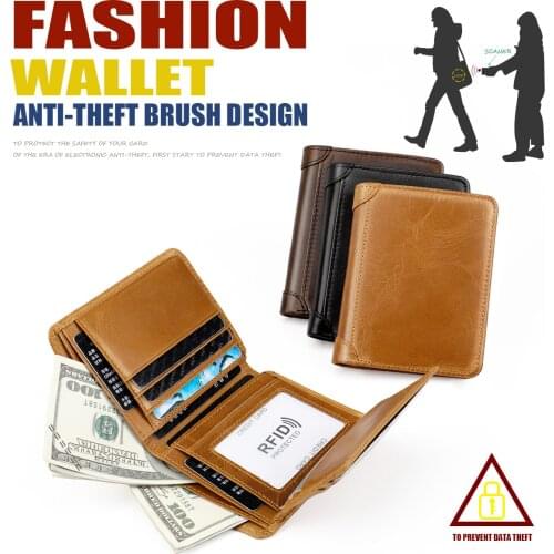 Mens Wallet Genuine Leather Wallet RFID Blocking Anti-theft Retro Vertical Business Credit Card ID Holder Purse Wallet Men